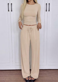 PRETTYGARDEN Women's Matching Lounge Sets 2 Piece Outfits  Boat Neck Long Sleeve , Wide Leg Pants Pockets, Ruched Waist, Travel Airport Resort Wear, Casual Fall Fashion Clothing