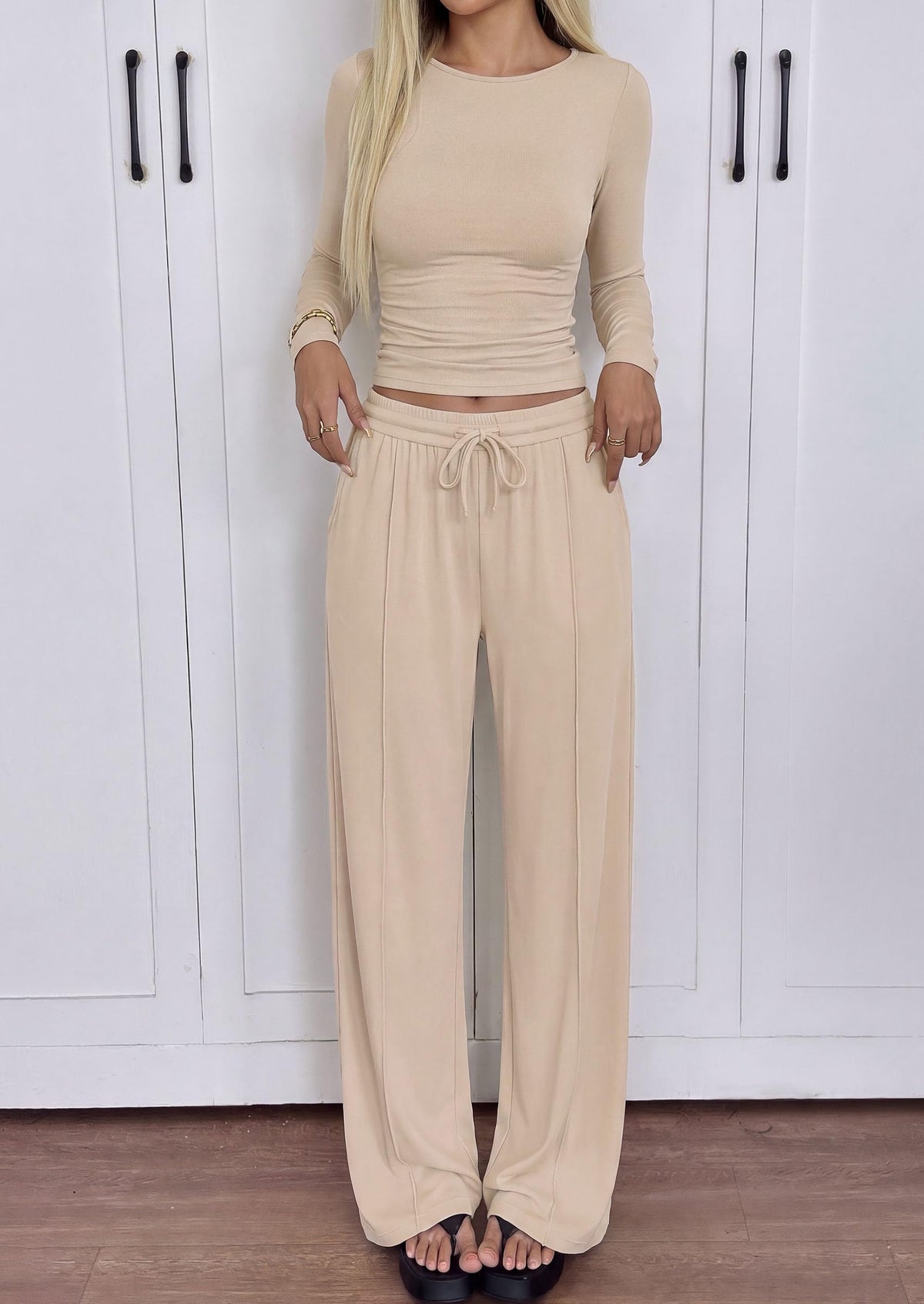 PRETTYGARDEN Women's Matching Lounge Sets 2 Piece Outfits  Boat Neck Long Sleeve , Wide Leg Pants Pockets, Ruched Waist, Travel Airport Resort Wear, Casual Fall Fashion Clothing