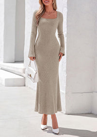 PRETTYGARDEN Women's Fall Long Sleeve Maxi Bodycon Dresses | Soft Stretchy Ribbed Knit, Bell Sleeve Square Neck Mermaid, Elegant Long Dress, Wedding Guest Party, 2026 Winter Clothing