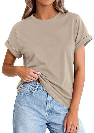 PRETTYGARDEN Womens Summer Tops Spring Casual Rolled Short Sleeve Basic Tees Crew Neck Work Shirts Fashion Clothing PRETTYGARDEN