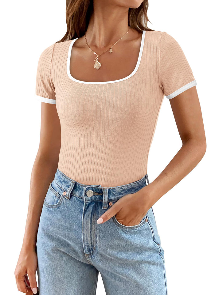 Summer Casual Short Sleeve Ribbed Knit Square Neck Color Block Slim Fit Basic Crop Tops