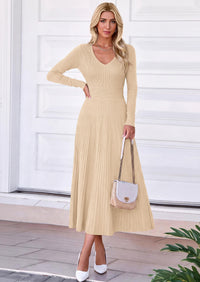 PRETTYGARDEN Women's Fall V Neck Pleated Midi Sweater Dress  Stretchy Ribbed Knit,Long Sleeve,A Line Flowy Skirt,Elegant Long Dresses for Wedding Guest,Work Office,Winter Party Outfits