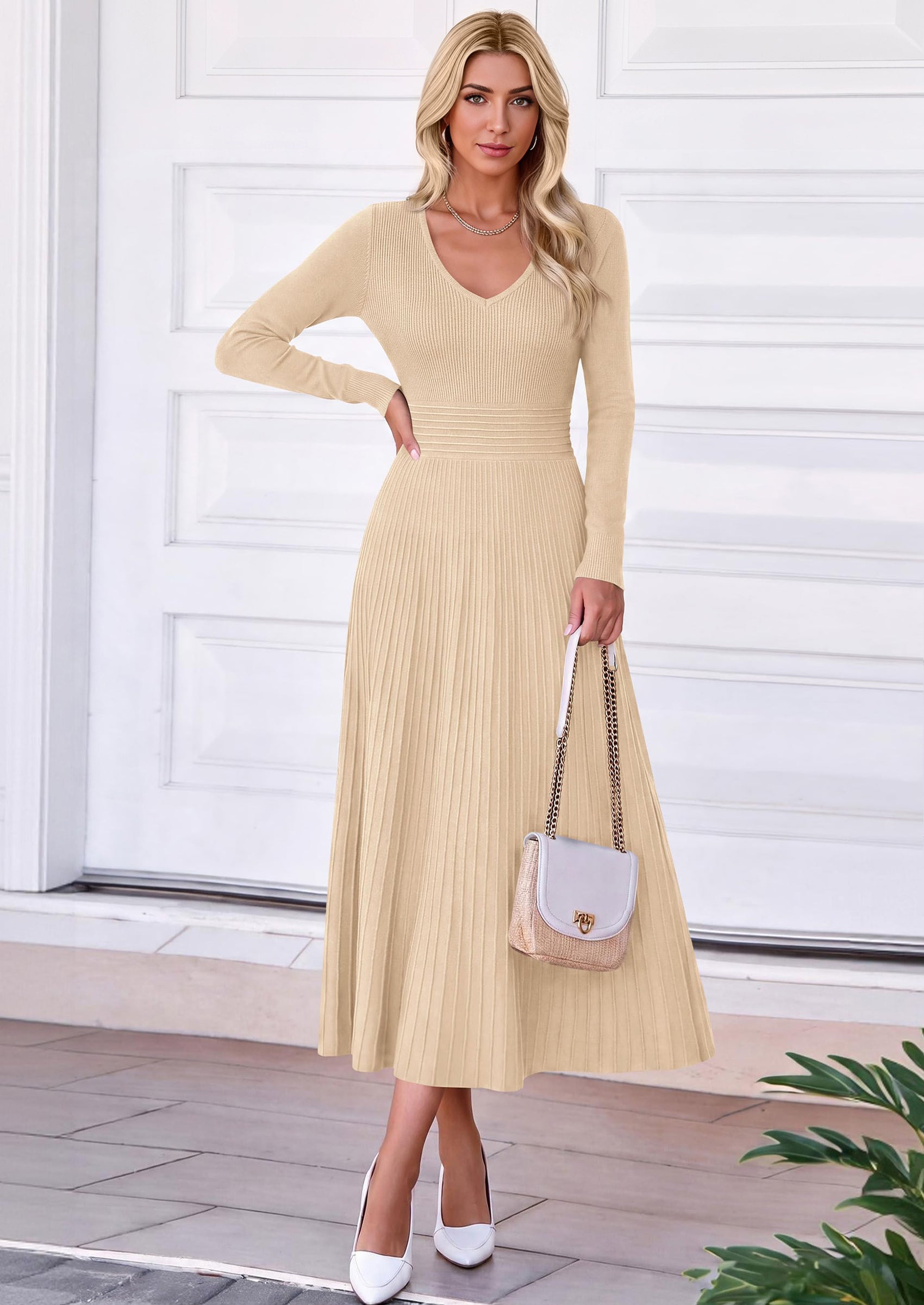 PRETTYGARDEN Women's Fall V Neck Pleated Midi Sweater Dress  Stretchy Ribbed Knit,Long Sleeve,A Line Flowy Skirt,Elegant Long Dresses for Wedding Guest,Work Office,Winter Party Outfits