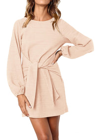 PRETTYGARDEN Womens Fall Elegant Long Lantern Sleeve Short Dress Wedding Guest Crewneck Tie Waist Knit Cocktail Dresses PRETTYGARDEN