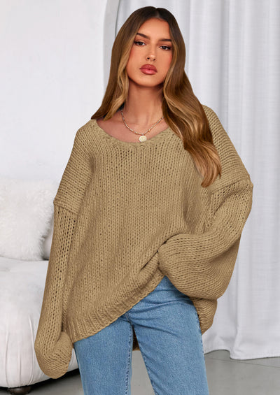 PRETTYGARDEN Women's Fall Oversized Sweaters Long Sleeve V Neck Dressy Casual Chunky Knit Loose Pullover Tops Winter Clothing