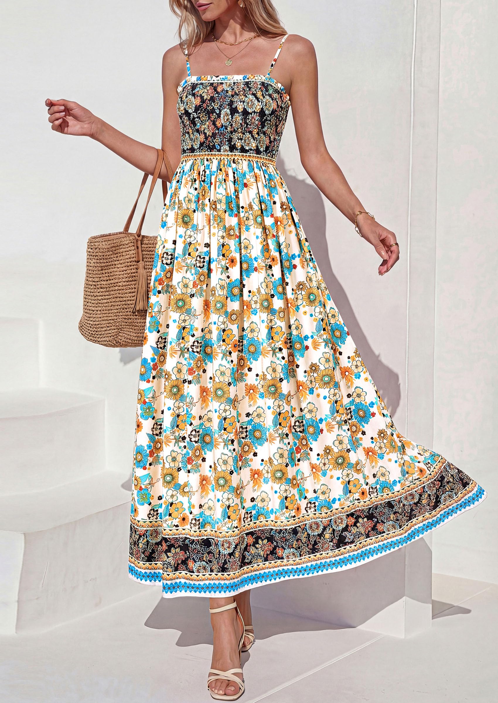 PRETTYGARDEN Womens Floral Maxi Dress Boho Casual Summer Spaghetti Strap Smocked Sleeveless Flowy Beach Vacation Dresses