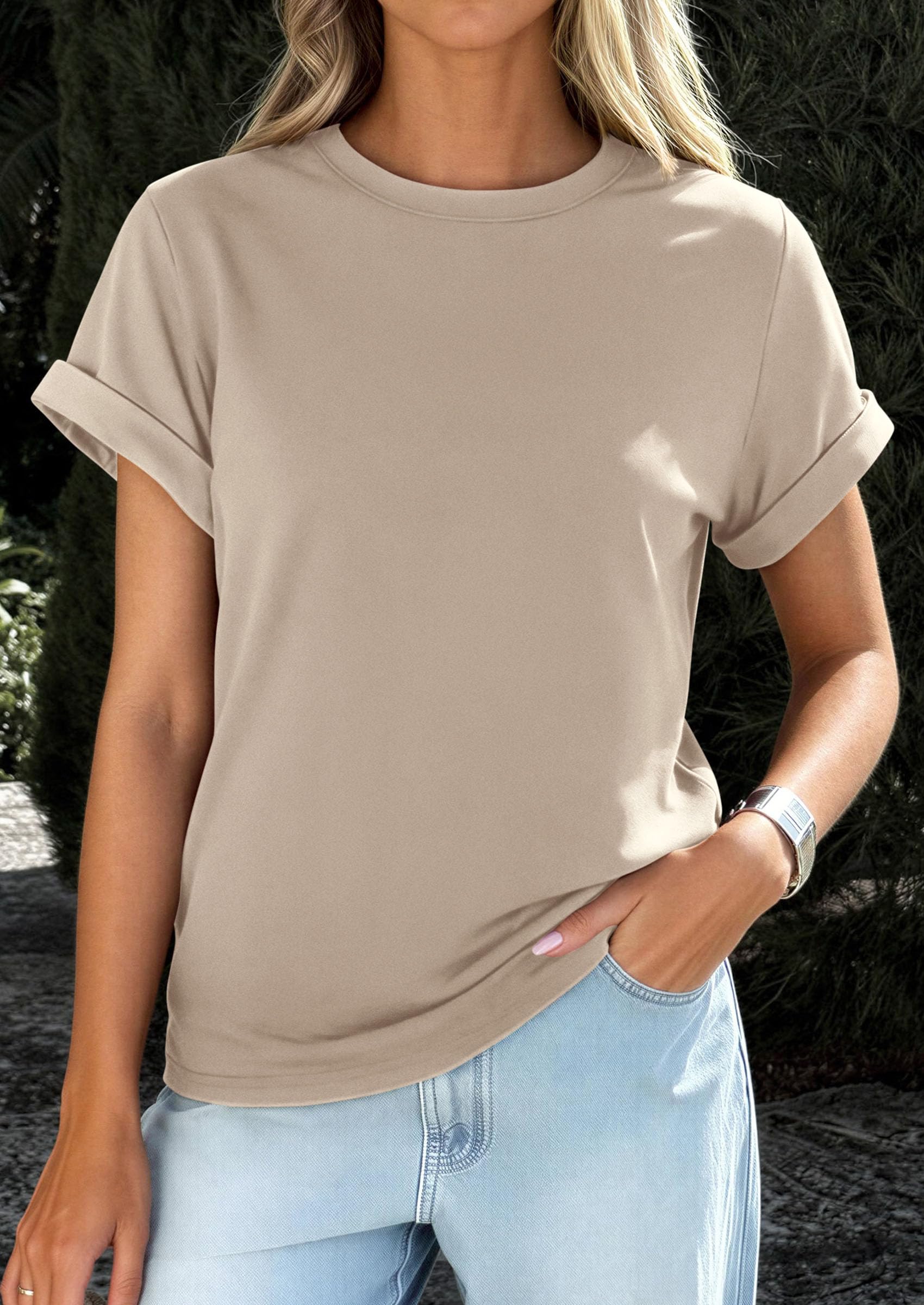 PRETTYGARDEN Womens Summer Tops Spring Casual Rolled Short Sleeve Basic Tees Crew Neck Work Shirts Fashion Clothing PRETTYGARDEN