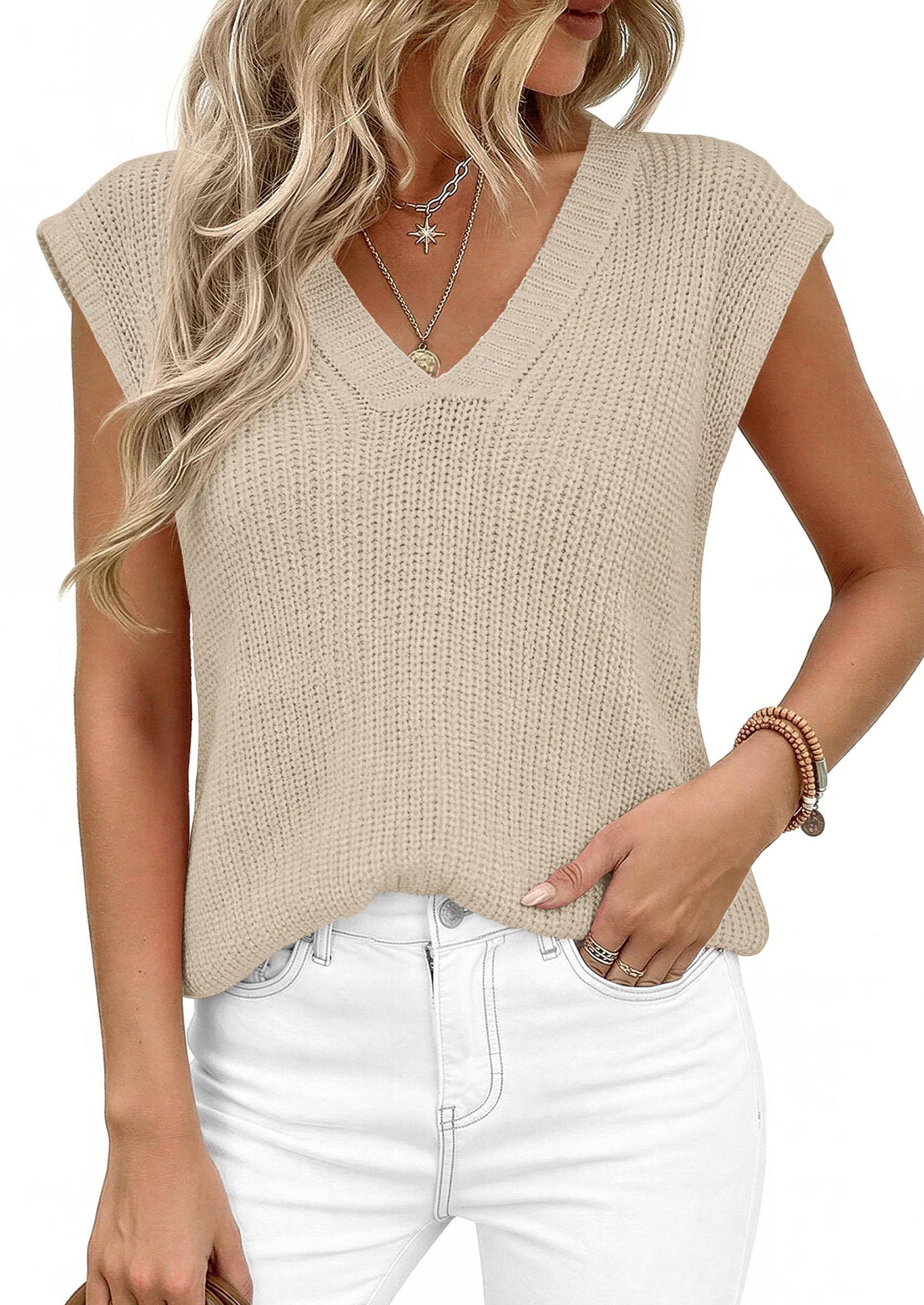 PRETTYGARDEN Women's Lightweight Sweaters Vest Spring Trendy Cap Sleeve V Neck Knit Tank Tops Summer Going Out Outfits PRETTYGARDEN