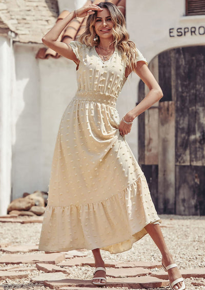 PRETTYGARDEN Womens Dresses Summer Maxi Dress Boho Short Sleeve V Neck Swiss Dot Ruffle Tiered Smocked Flowy Long Dress PRETTYGARDEN