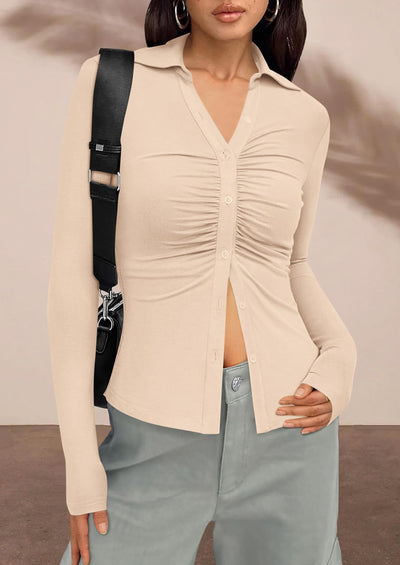 PRETTYGARDEN Womens Button Down Shirts V Neck Collared Ruched Slim Fit Long Sleeve Shirt Casual Fall Fashion Ladies Tops PRETTYGARDEN