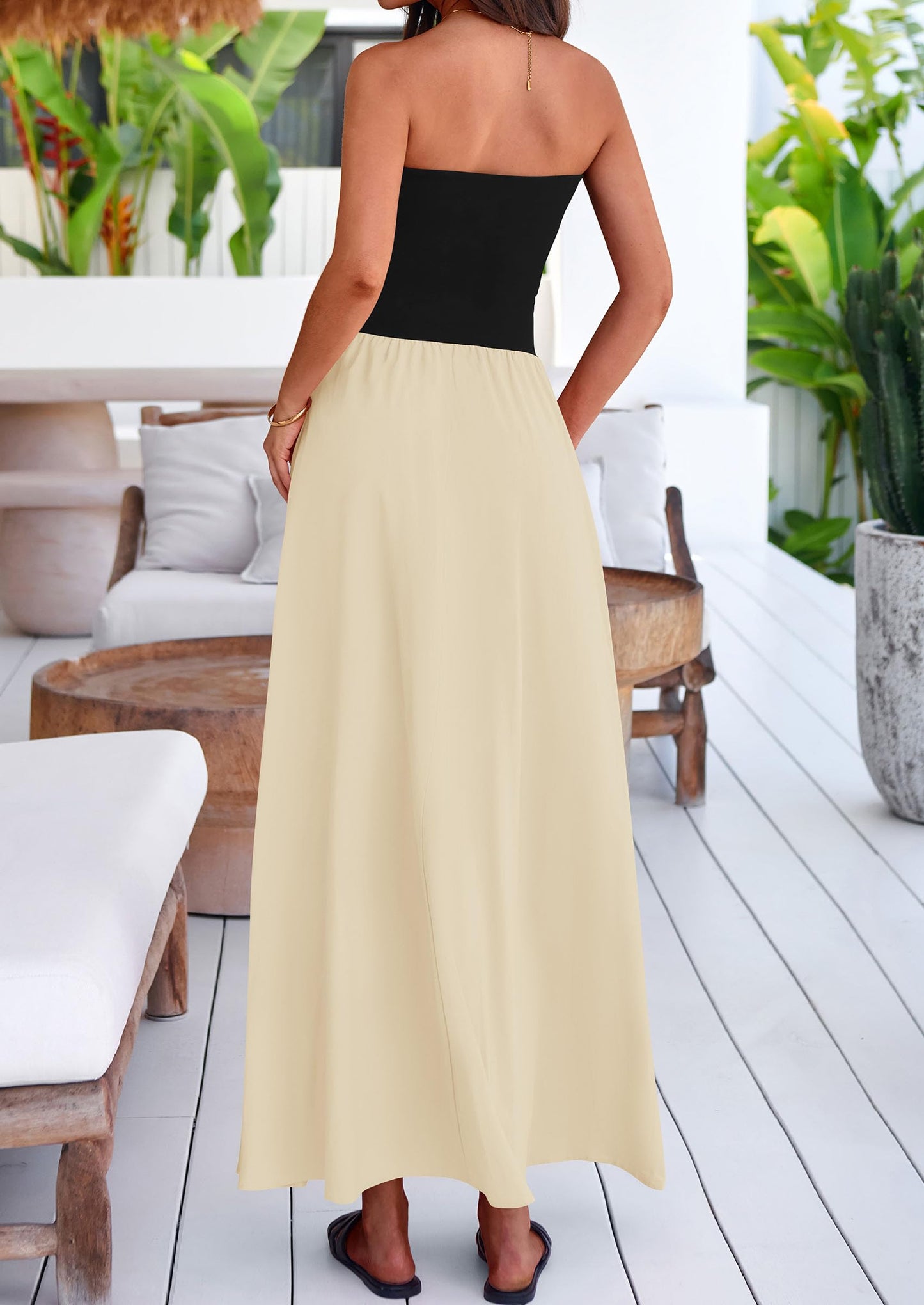 Women's 2025 Summer Strapless Maxi Dresses Patchwork Long Flowy Elegant Going Out Tube Top Dress with Pockets