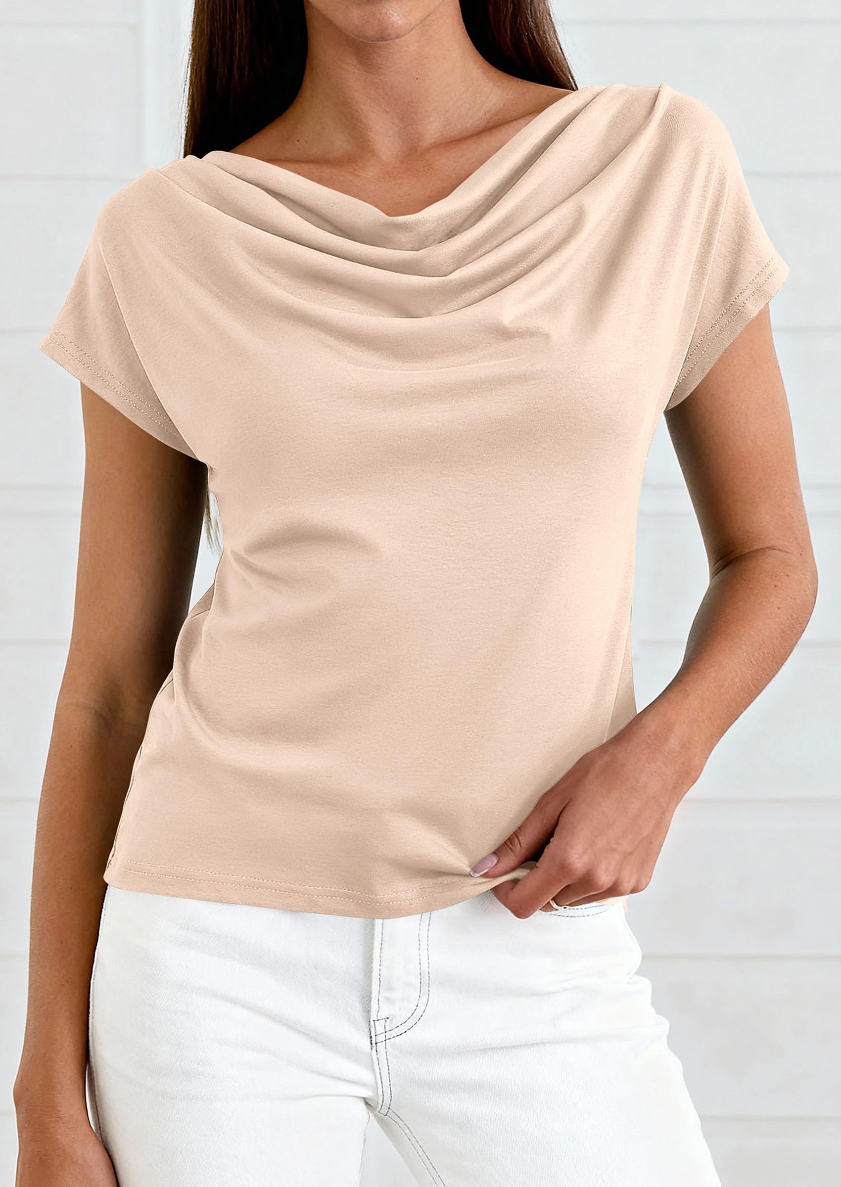 PRETTYGARDEN Blouses for Women Dressy Casual 2026 Summer Cowl Neck Short Sleeve Tops Spring Work Office Teacher Shirts PRETTYGARDEN