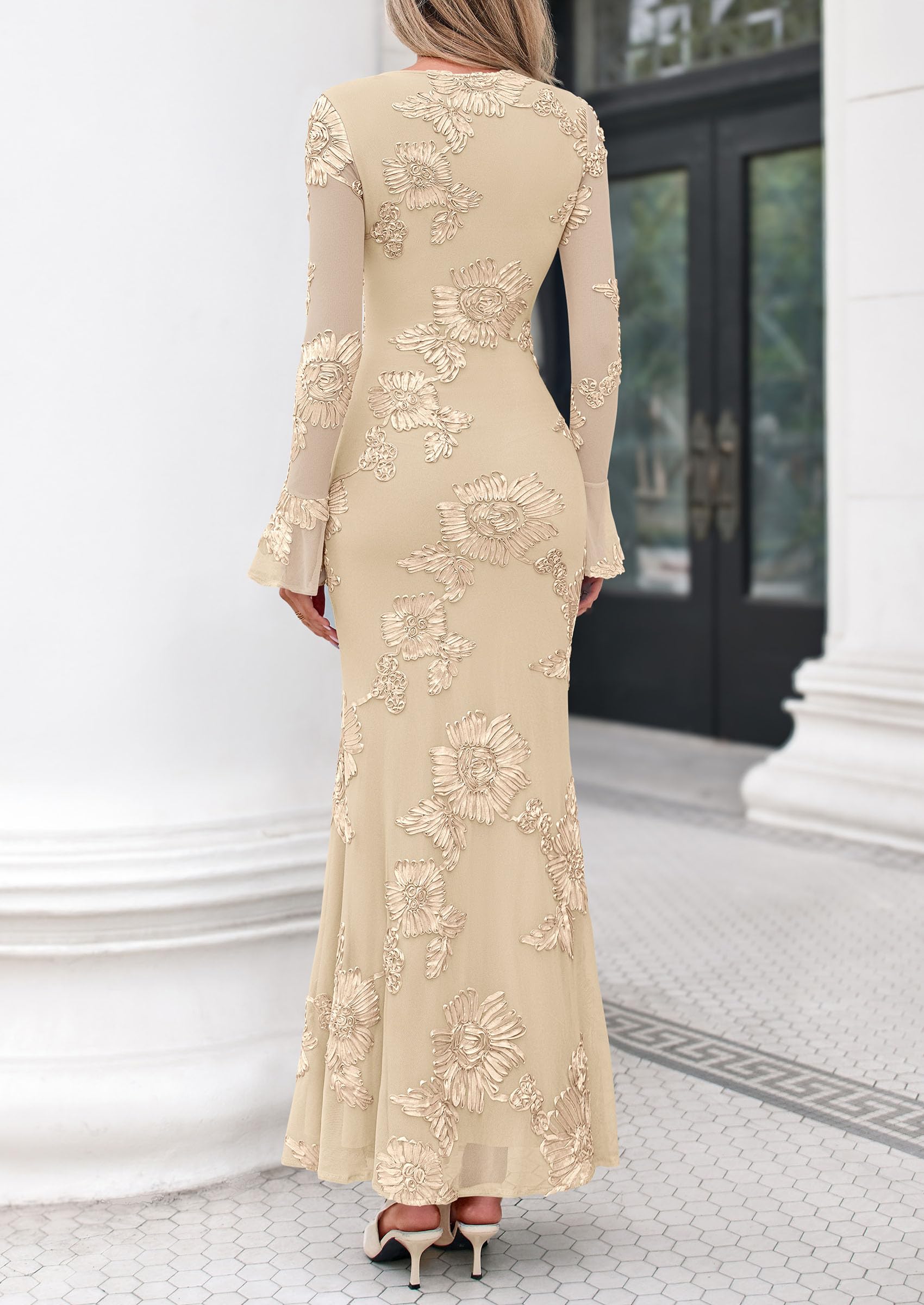 PRETTYGARDEN Women's Formal Floral Maxi Bodycon Dresses  Ruffle Long Sleeve, Fall Winter Outfits 2026 for Wedding Guest, Homecoming & Cocktail, Slimming Mesh Dress with Lining
