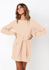 PRETTYGARDEN Womens Fall Elegant Long Lantern Sleeve Short Dress Wedding Guest Crewneck Tie Waist Knit Cocktail Dresses PRETTYGARDEN