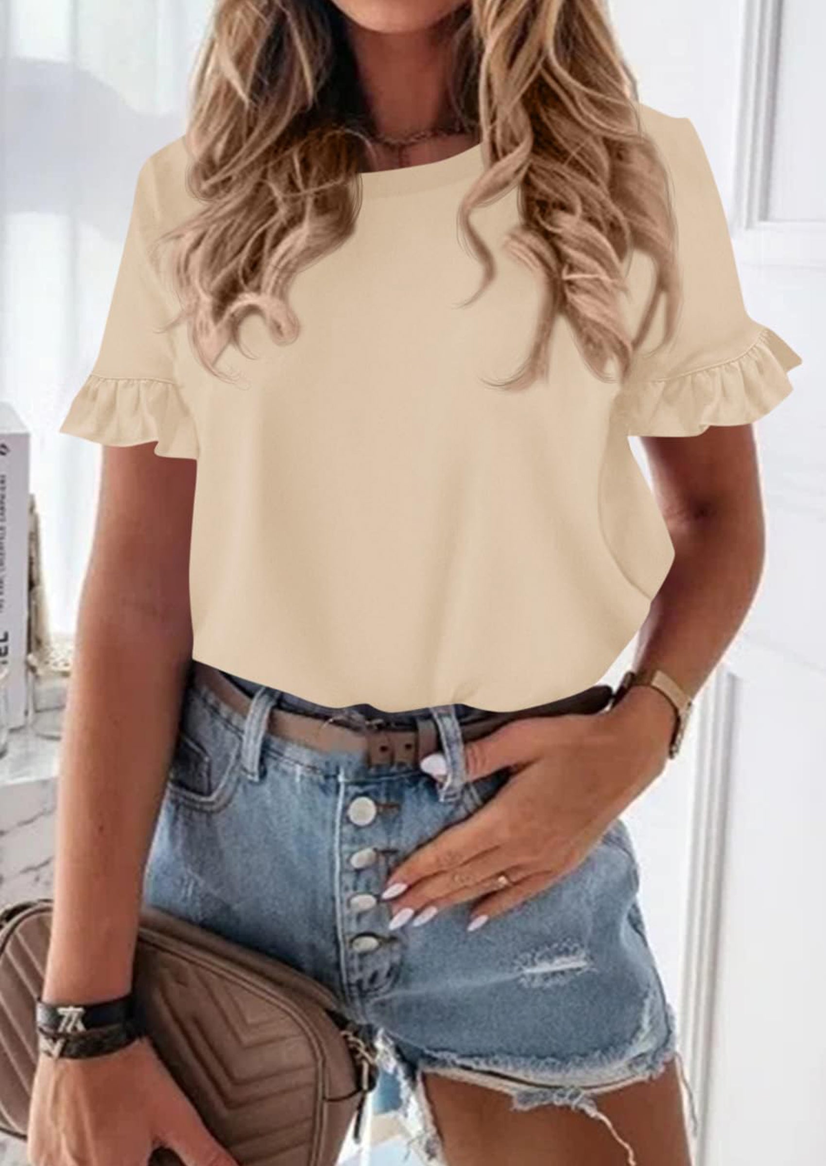 PRETTYGARDEN Women's Short Sleeve Casual T Shirts Summer Ruffle Plain Round Neck Loose Fit Tee Blouse Tops PRETTYGARDEN