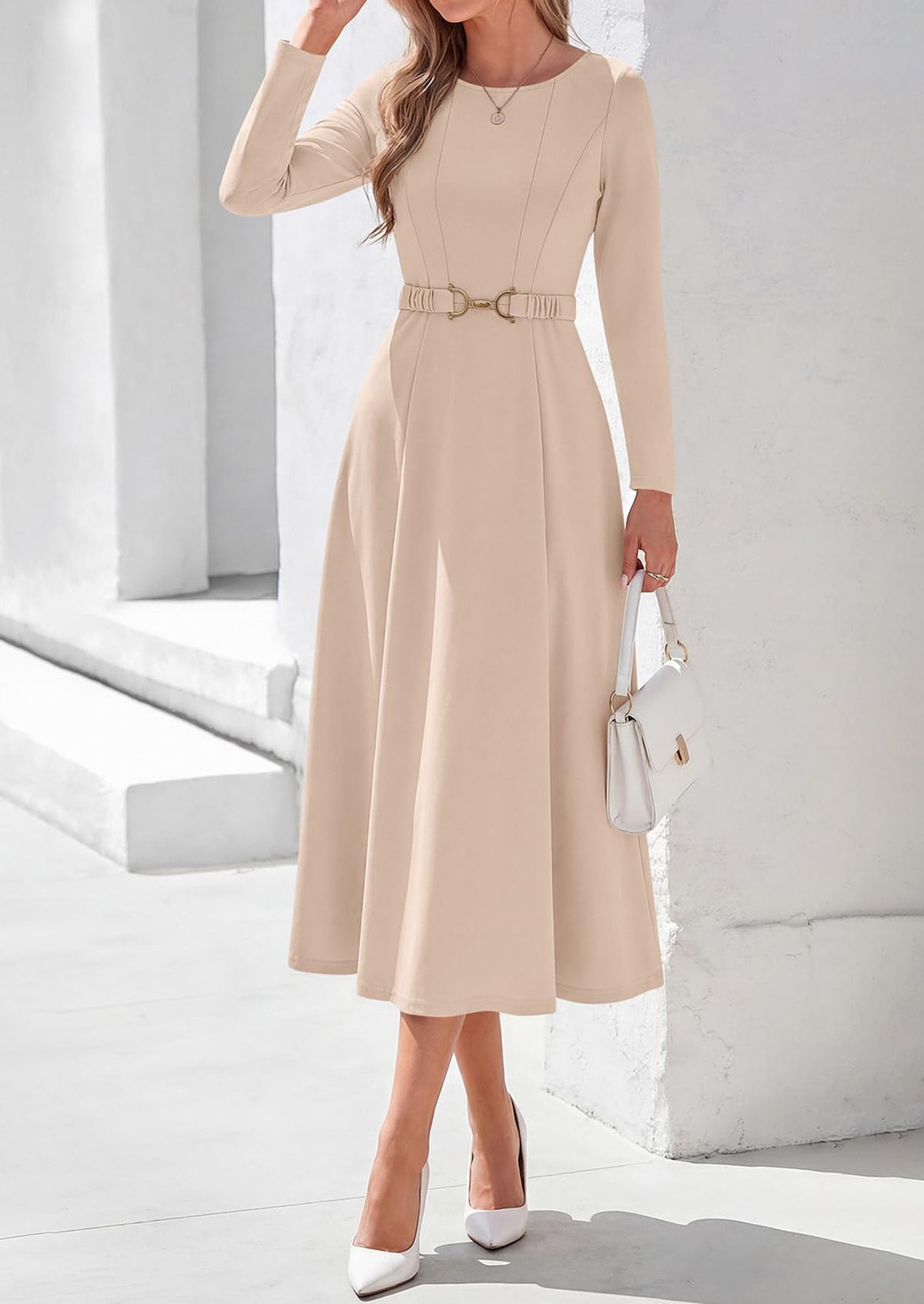 PRETTYGARDEN Women's Fall Long Sleeve Semi Formal Midi Dresses with Pockets Boat Neck, Metal Buckle Tie Waist, Flowy A Line, Elegant Classy Wedding Guest Cocktail Party Dress, Business Casual Outfits