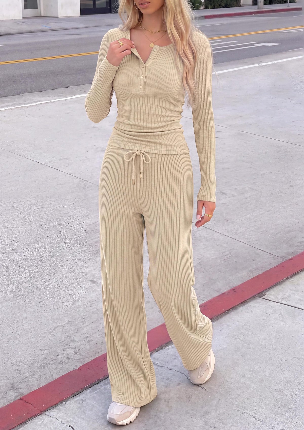 PRETTYGARDEN Two Piece Lounge Sets for Women Fall Fashion,Long Sleeve Henley,High Waisted Wide Leg Pants,Matching Holiday Vacation,Airport Travel Outfits