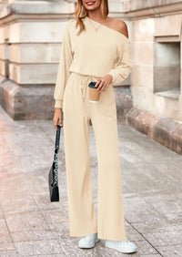 PRETTYGARDEN Long Sleeve Jumpsuit For Women Dressy Off Shoulder One Piece Loose Wide Leg Jumpsuits Casual Flowy Romper