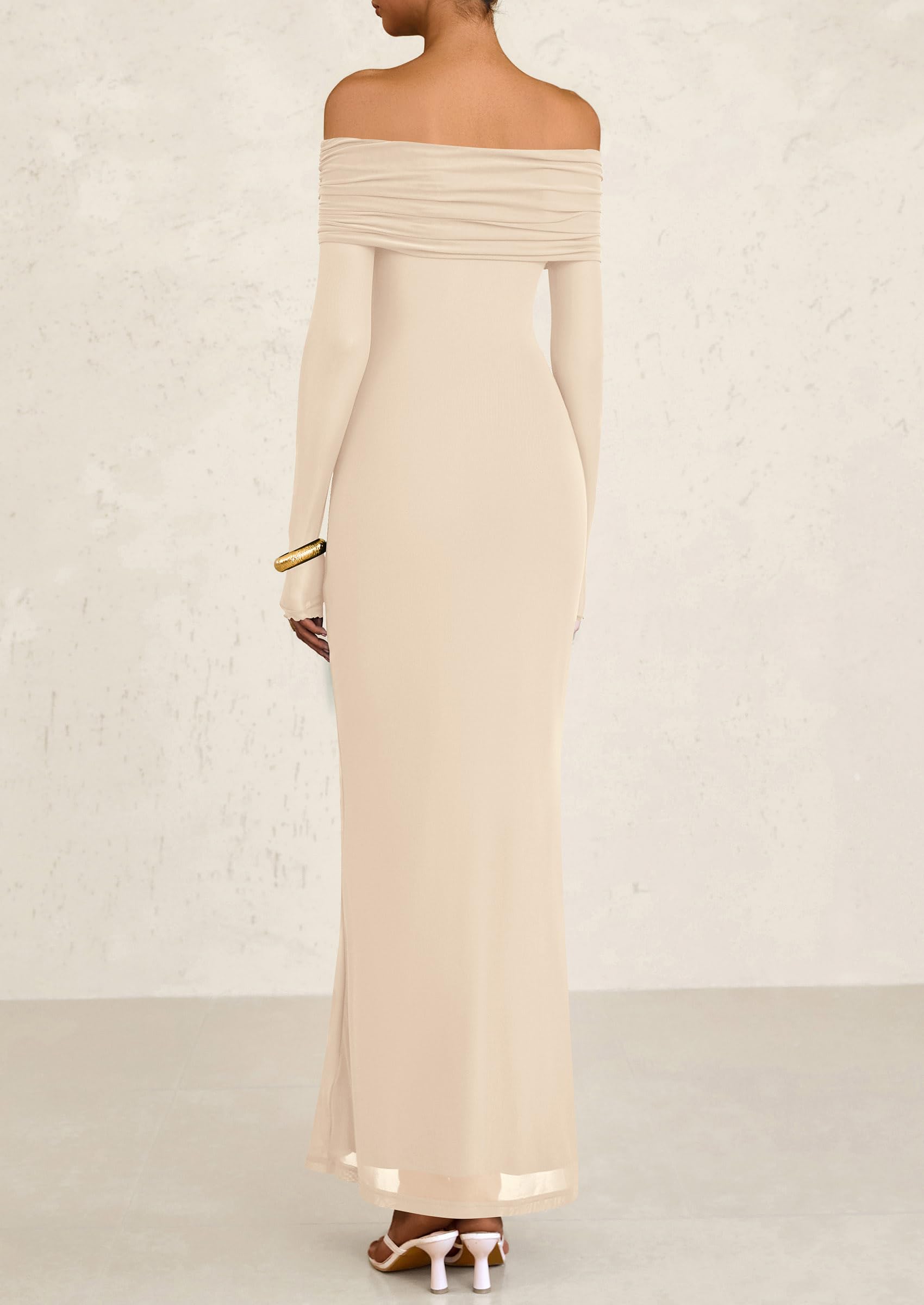 PRETTYGARDEN Off The Shoulder Dresses for Women Mesh Long Sleeve Baby Shower Formal Wedding Guest Dress