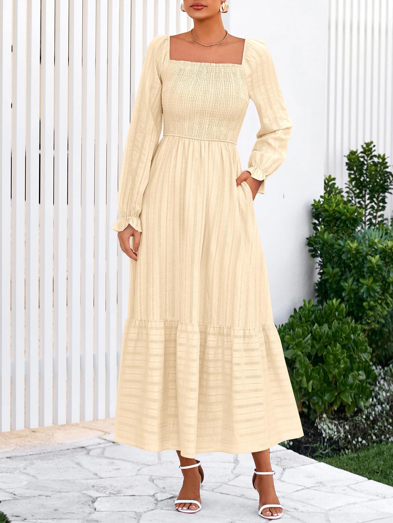BTFBM Women Maxi Fall Dresses Long Sleeve Solid Color Square Neck Smocked Boho Long Wedding Guest Dress