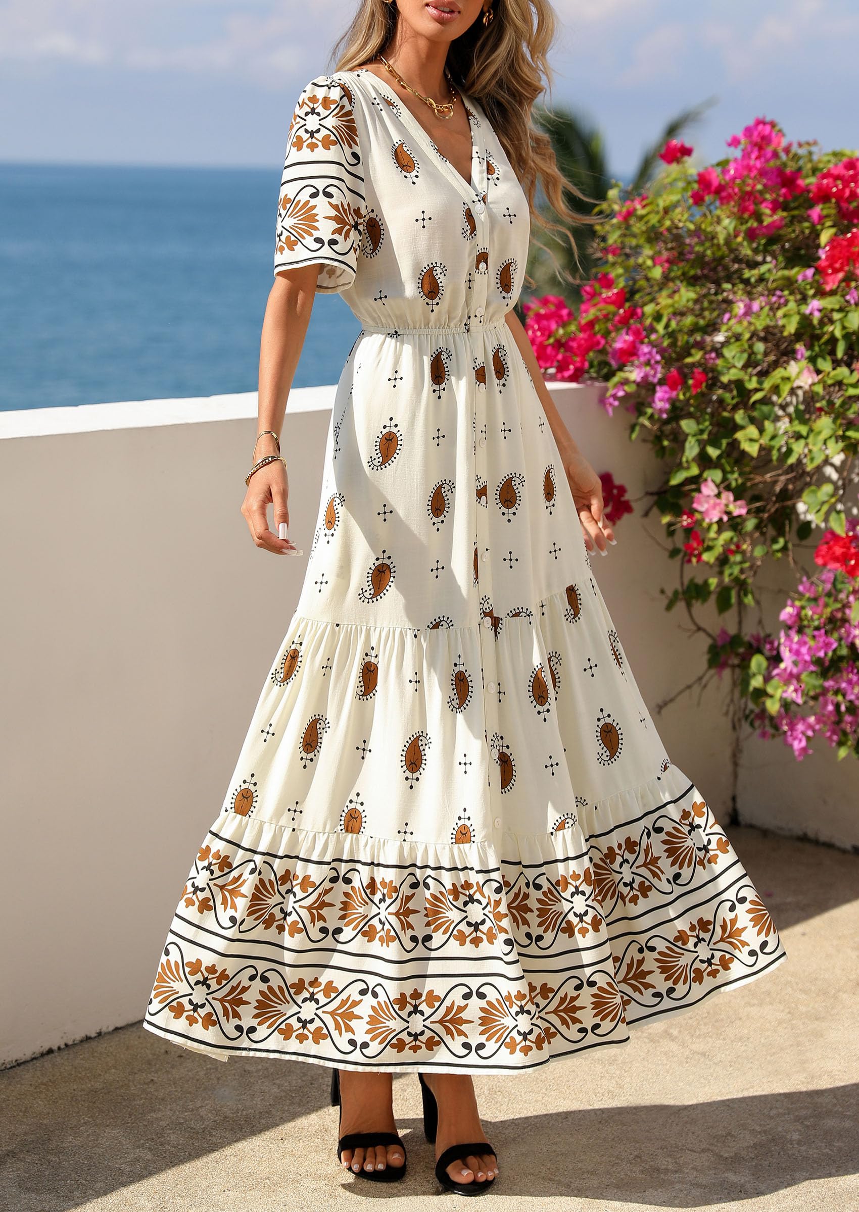 PRETTYGARDEN Womens Summer Boho Maxi Dress Trendy Short Sleeve V Neck Flowy Beach Floral Dresses with Pockets PRETTYGARDEN