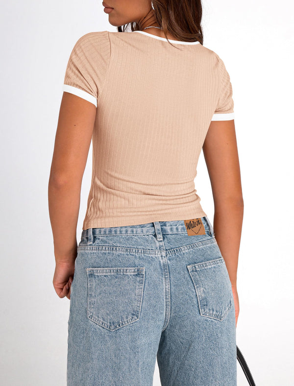 Summer Casual Short Sleeve Ribbed Knit Square Neck Color Block Slim Fit Basic Crop Tops