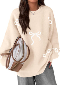 PRETTYGARDEN Fall Long Sleeve Pullover Sweaters for Women Trendy Crewneck Casual Cute Bow Chunky Knit Oversized Sweater