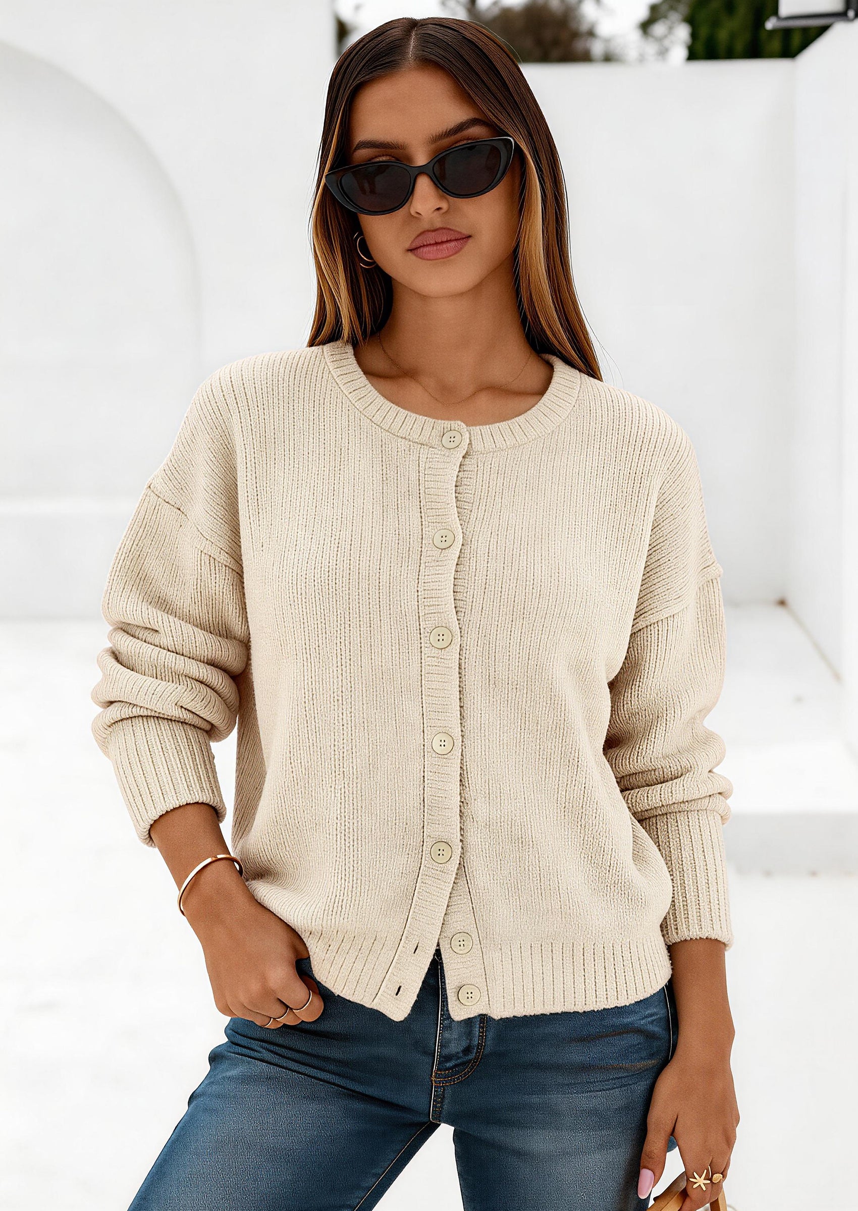 PRETTYGARDEN Long Sleeve Crewneck Button Down Womens Sweaters Fall Open Front Chunky Cardigan Sweaters for Women