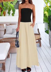 Women's 2025 Summer Strapless Maxi Dresses Patchwork Long Flowy Elegant Going Out Tube Top Dress with Pockets