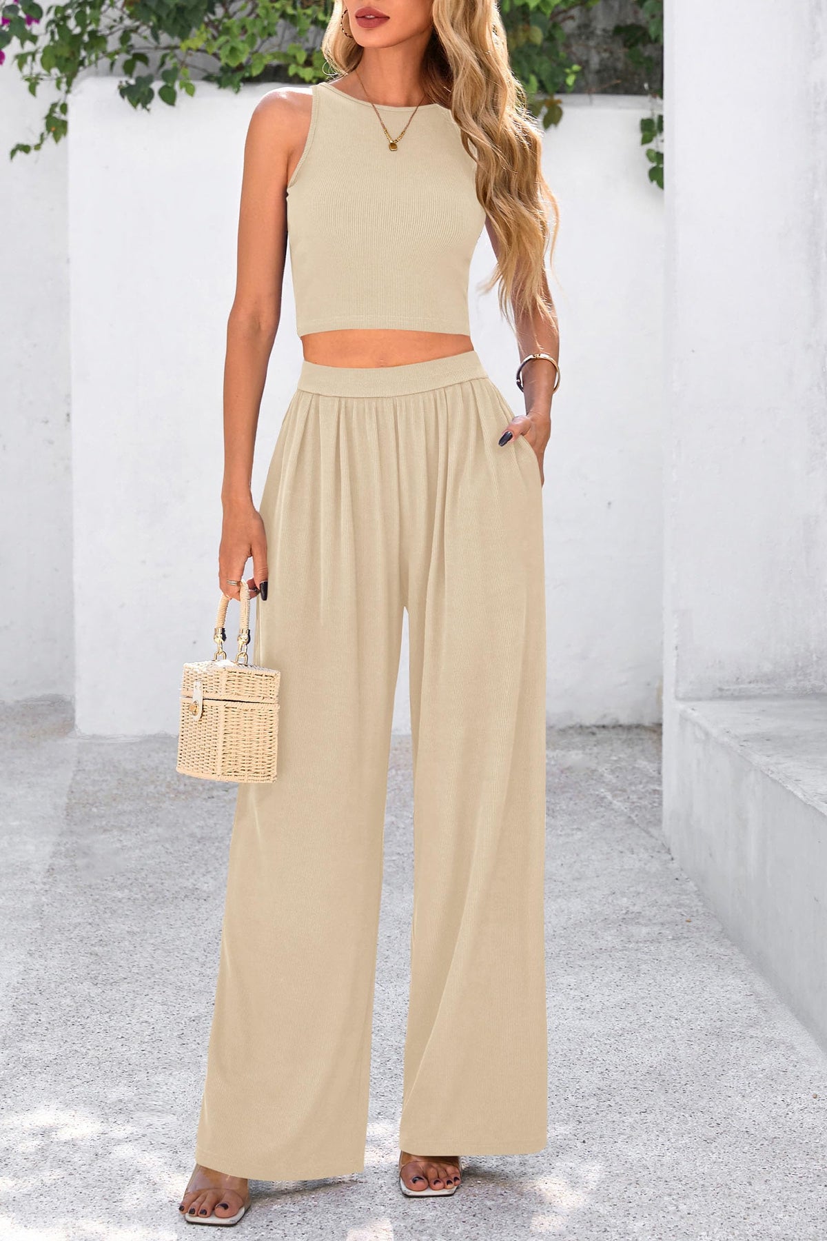 Womens Summer 2 Piece Sets Ribbed Knit Crew Neck Sleeveless Crop Tank Tops Wide Leg Pants Casual Lounge Set