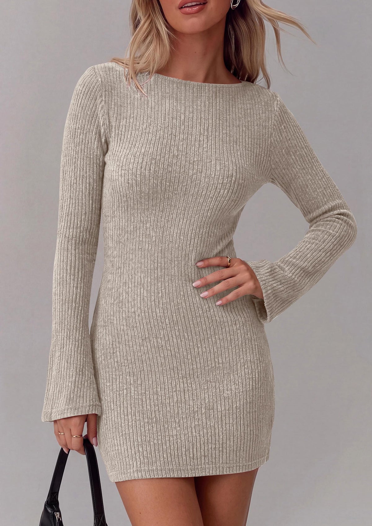 PRETTYGARDEN Womens Fall Bell Long Sleeve Mini Dress 2026 Casual Boat Neck Ribbed Bodycon Short Party Cocktail Dresses