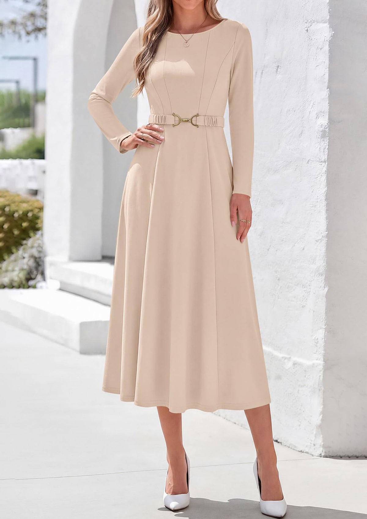 PRETTYGARDEN Women's Fall Long Sleeve Semi Formal Midi Dresses with Pockets Boat Neck, Metal Buckle Tie Waist, Flowy A Line, Elegant Classy Wedding Guest Cocktail Party Dress, Business Casual Outfits
