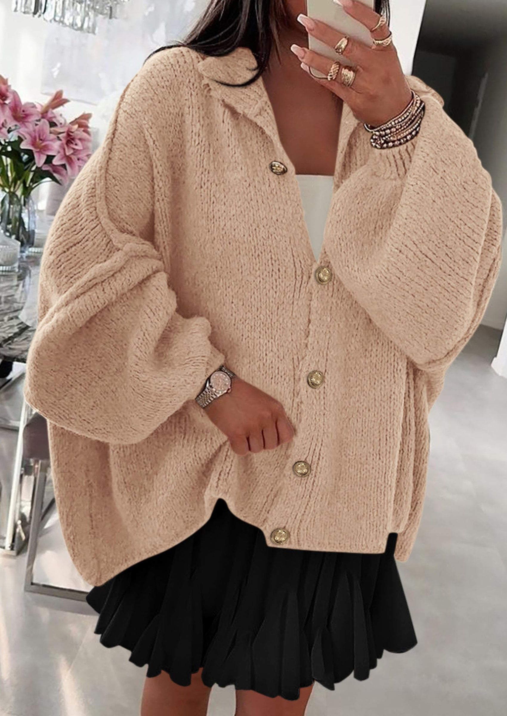 PRETTYGARDEN Women's Winter Button Down Cardigan Sweaters Mock Neck Lantern Long Sleeve Chunky Knit Jacket Trendy Outerwear