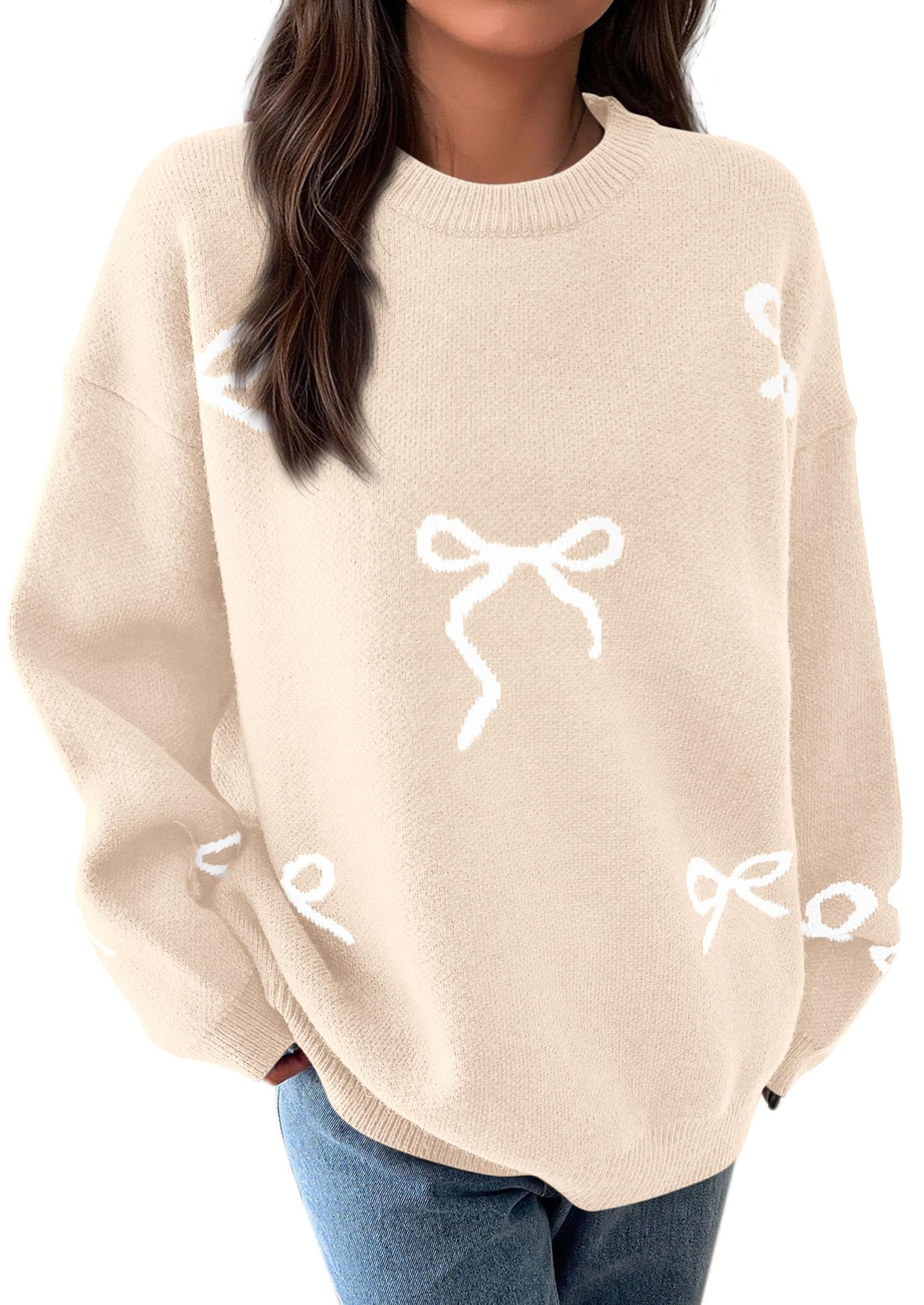 PRETTYGARDEN Fall Long Sleeve Pullover Sweaters for Women Trendy Crewneck Casual Cute Bow Chunky Knit Oversized Sweater