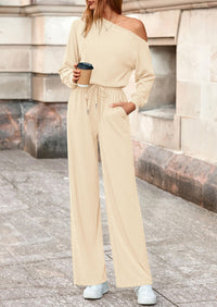 PRETTYGARDEN Long Sleeve Jumpsuit For Women Dressy Off Shoulder One Piece Loose Wide Leg Jumpsuits Casual Flowy Romper