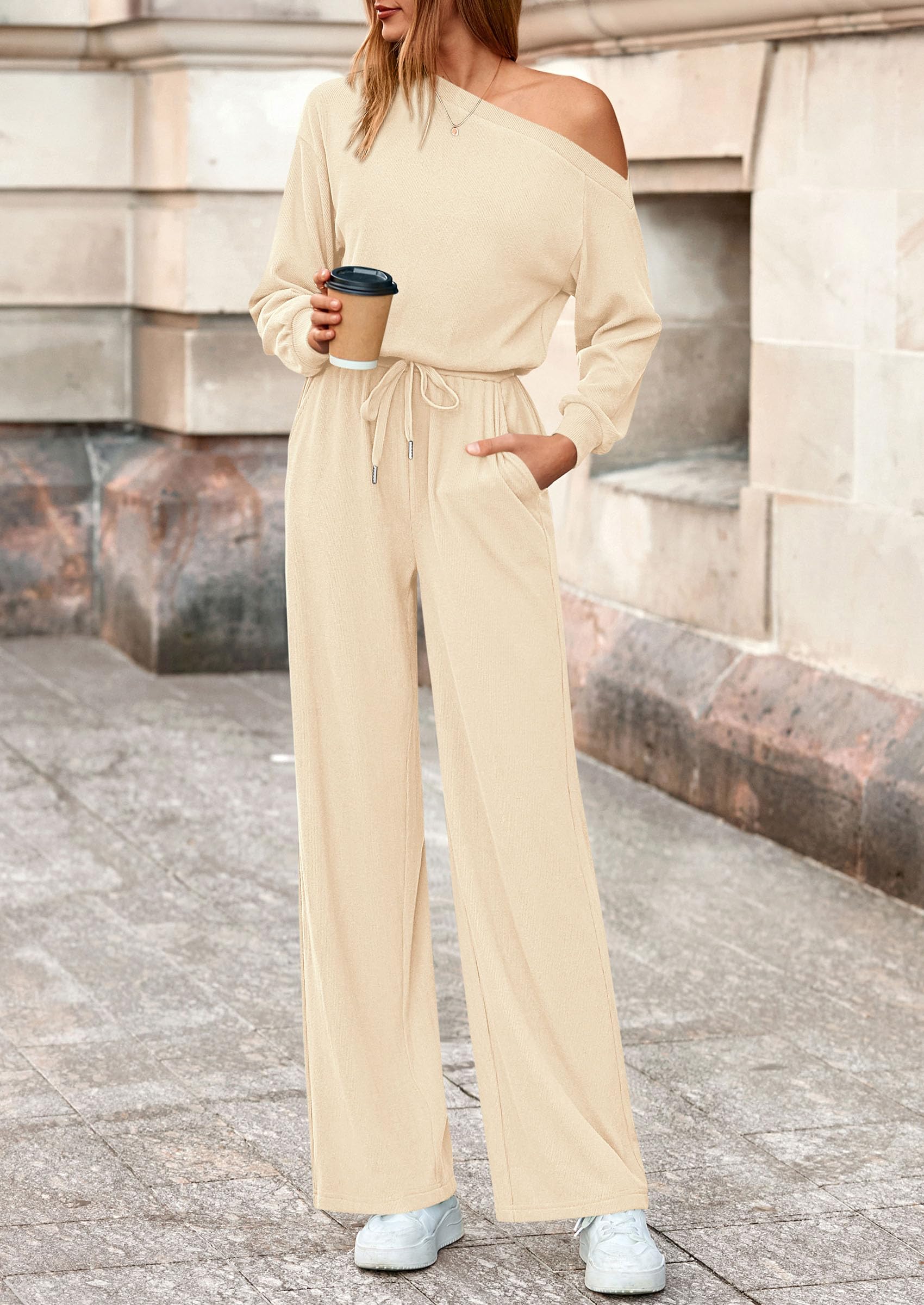 PRETTYGARDEN Long Sleeve Jumpsuit For Women Dressy Off Shoulder One Piece Loose Wide Leg Jumpsuits Casual Flowy Romper