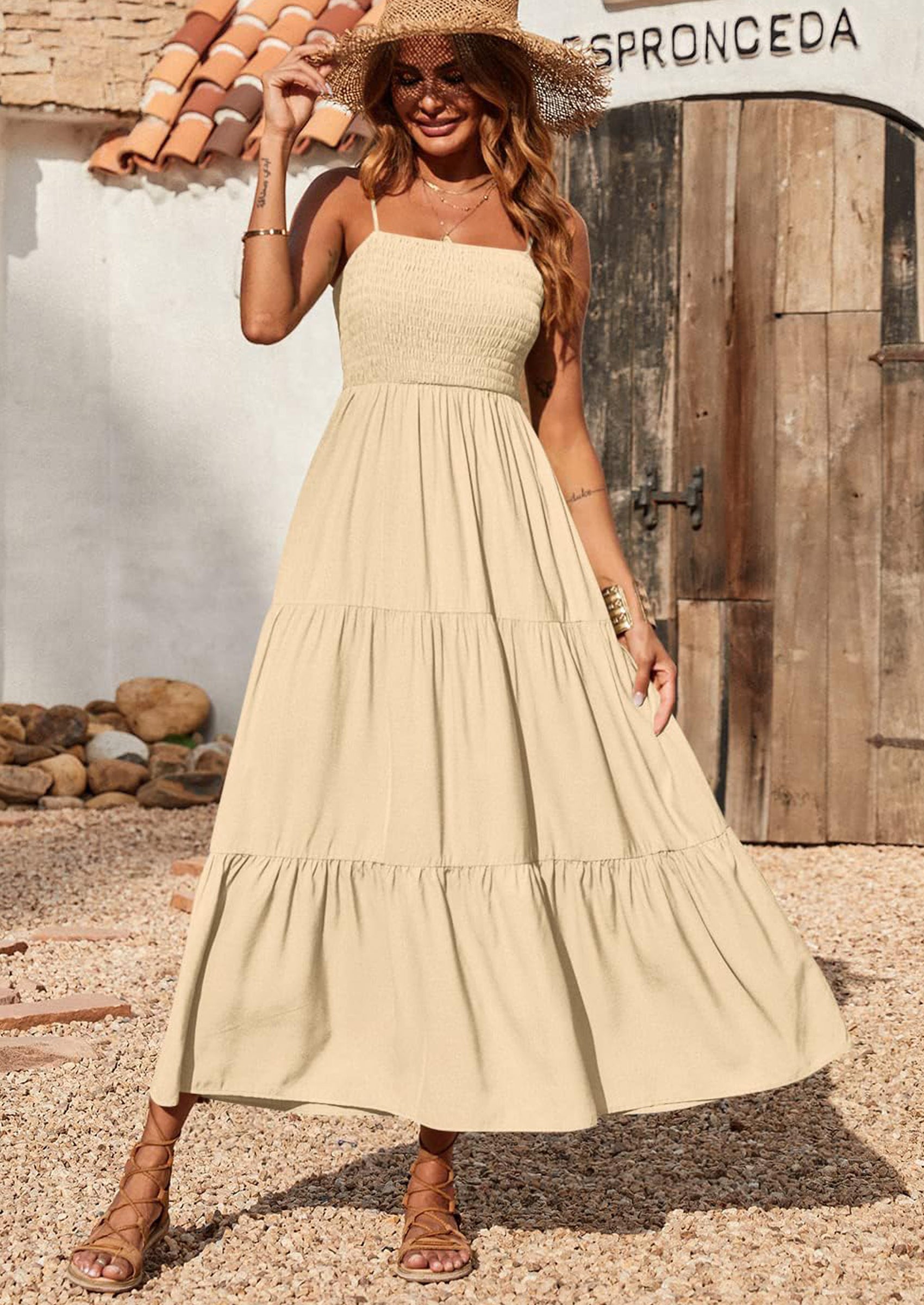 PRETTYGARDEN Women's Summer Maxi Dress Casual Boho Sleeveless Spaghetti Strap Smocked Tiered Long Beach Sundresses PRETTYGARDEN