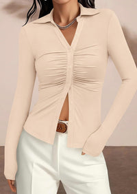 PRETTYGARDEN Womens Button Down Shirts V Neck Collared Ruched Slim Fit Long Sleeve Shirt Casual Fall Fashion Ladies Tops PRETTYGARDEN