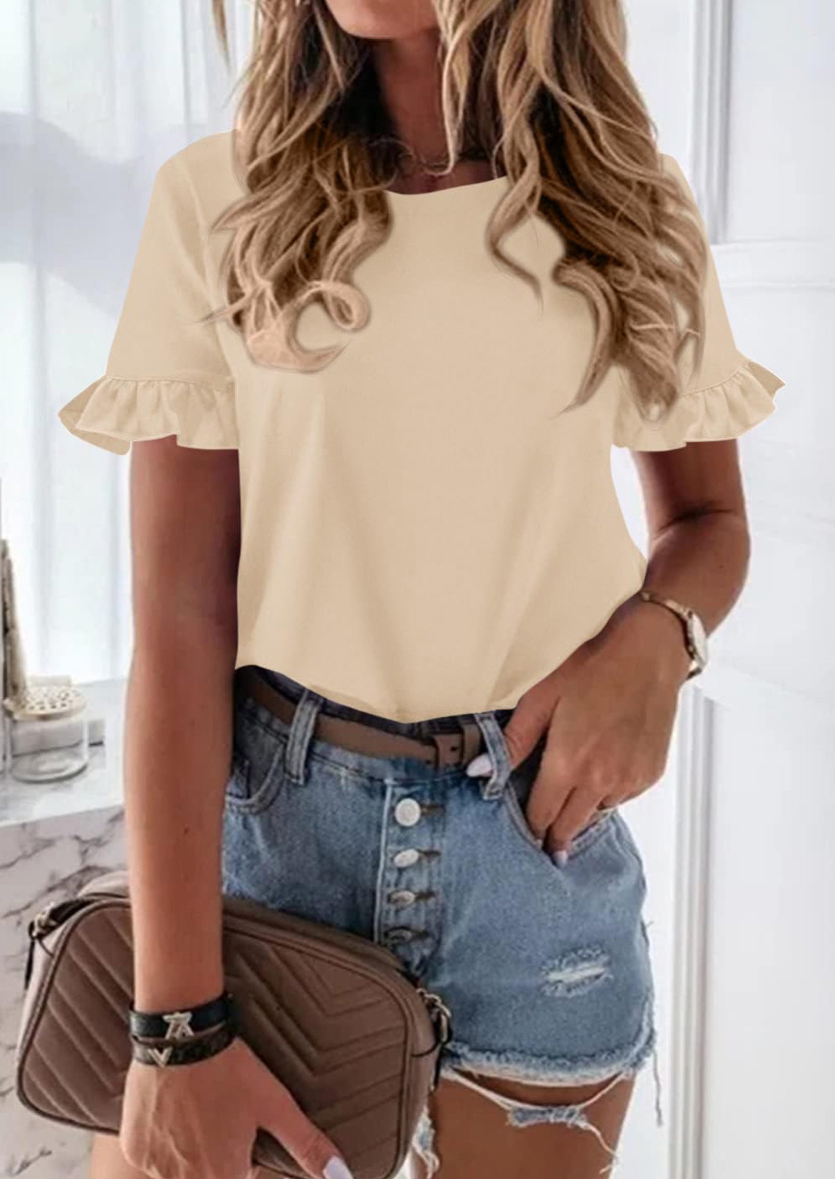 PRETTYGARDEN Women's Short Sleeve Casual T Shirts Summer Ruffle Plain Round Neck Loose Fit Tee Blouse Tops PRETTYGARDEN