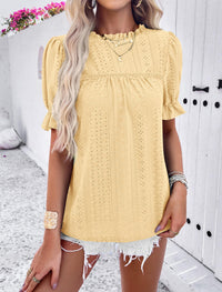 Casual Crew Neck Ruffle Short Sleeve Eyelet Babydoll Blouse