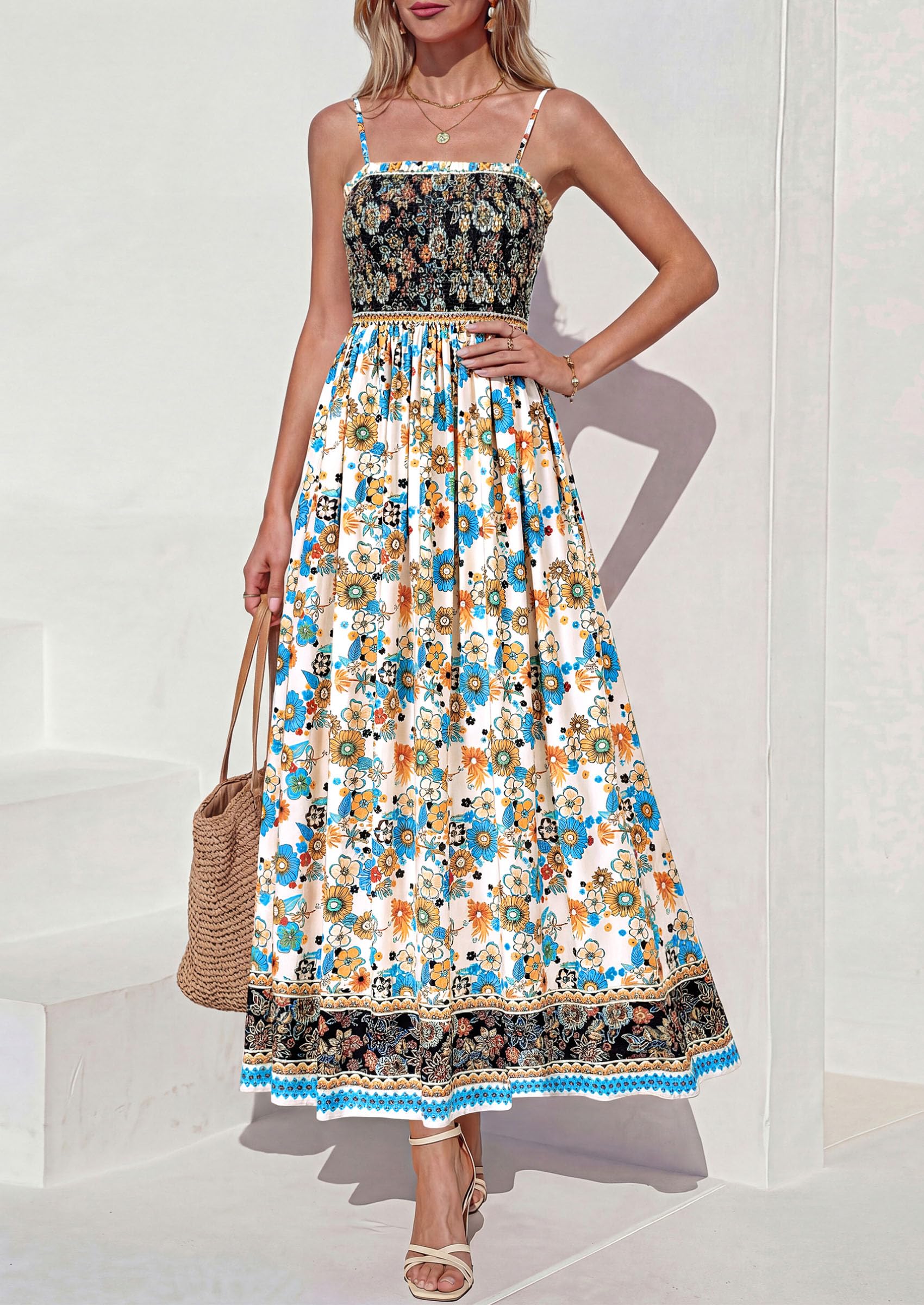 PRETTYGARDEN Womens Floral Maxi Dress Boho Casual Summer Spaghetti Strap Smocked Sleeveless Flowy Beach Vacation Dresses