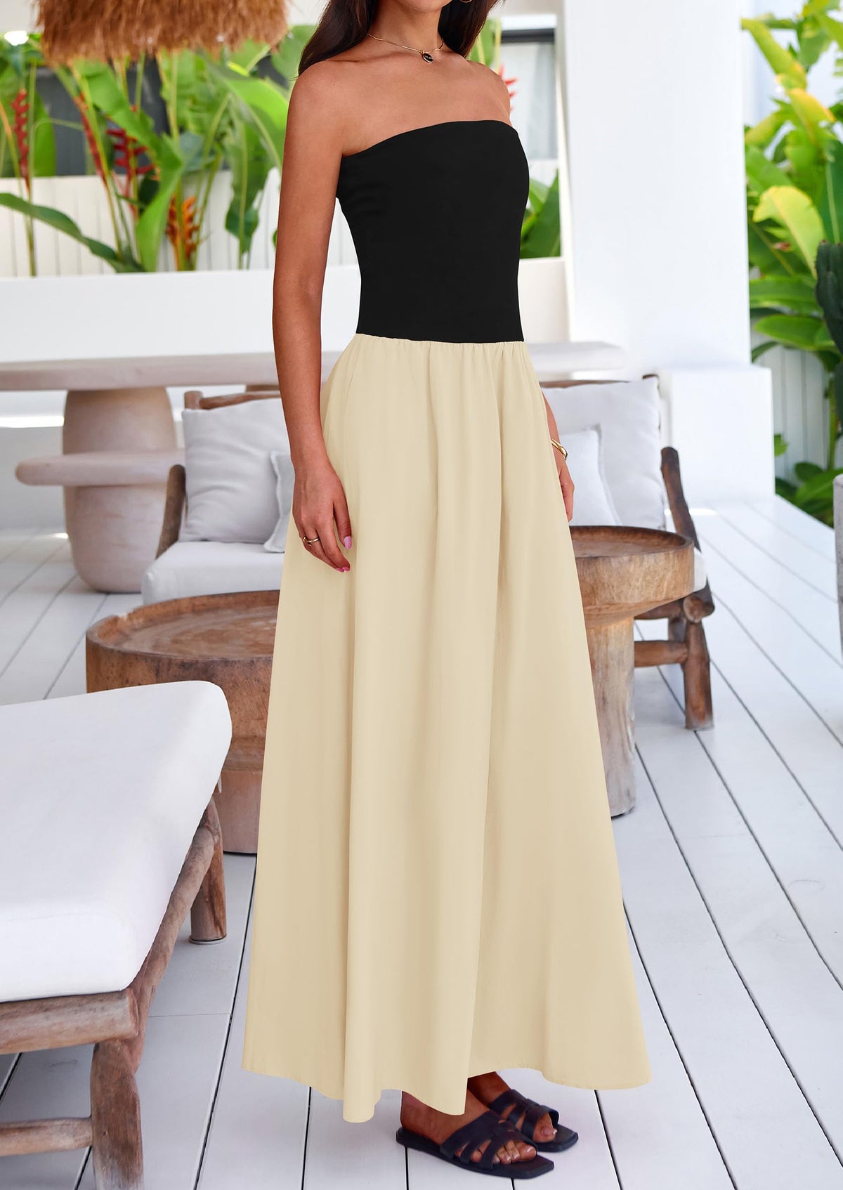 Women's 2025 Summer Strapless Maxi Dresses Patchwork Long Flowy Elegant Going Out Tube Top Dress with Pockets