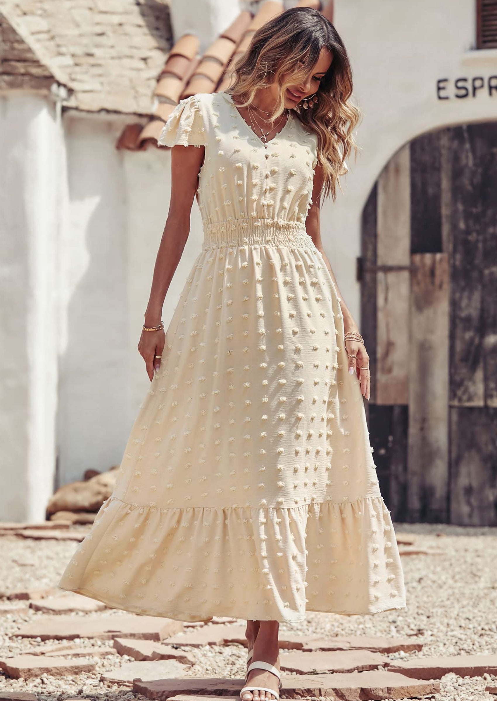 PRETTYGARDEN Womens Dresses Summer Maxi Dress Boho Short Sleeve V Neck Swiss Dot Ruffle Tiered Smocked Flowy Long Dress PRETTYGARDEN