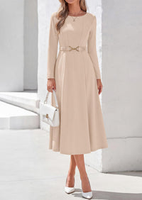 PRETTYGARDEN Women's Fall Long Sleeve Semi Formal Midi Dresses with Pockets Boat Neck, Metal Buckle Tie Waist, Flowy A Line, Elegant Classy Wedding Guest Cocktail Party Dress, Business Casual Outfits