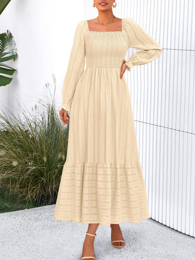 BTFBM Women Maxi Fall Dresses Long Sleeve Solid Color Square Neck Smocked Boho Long Wedding Guest Dress
