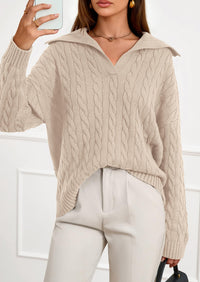 PRETTYGARDEN Fall Cable Knit Oversized Sweaters for Women Polo V Neck Long Sleeve Casual Chunky Sweater Pullover Tops PRETTYGARDEN