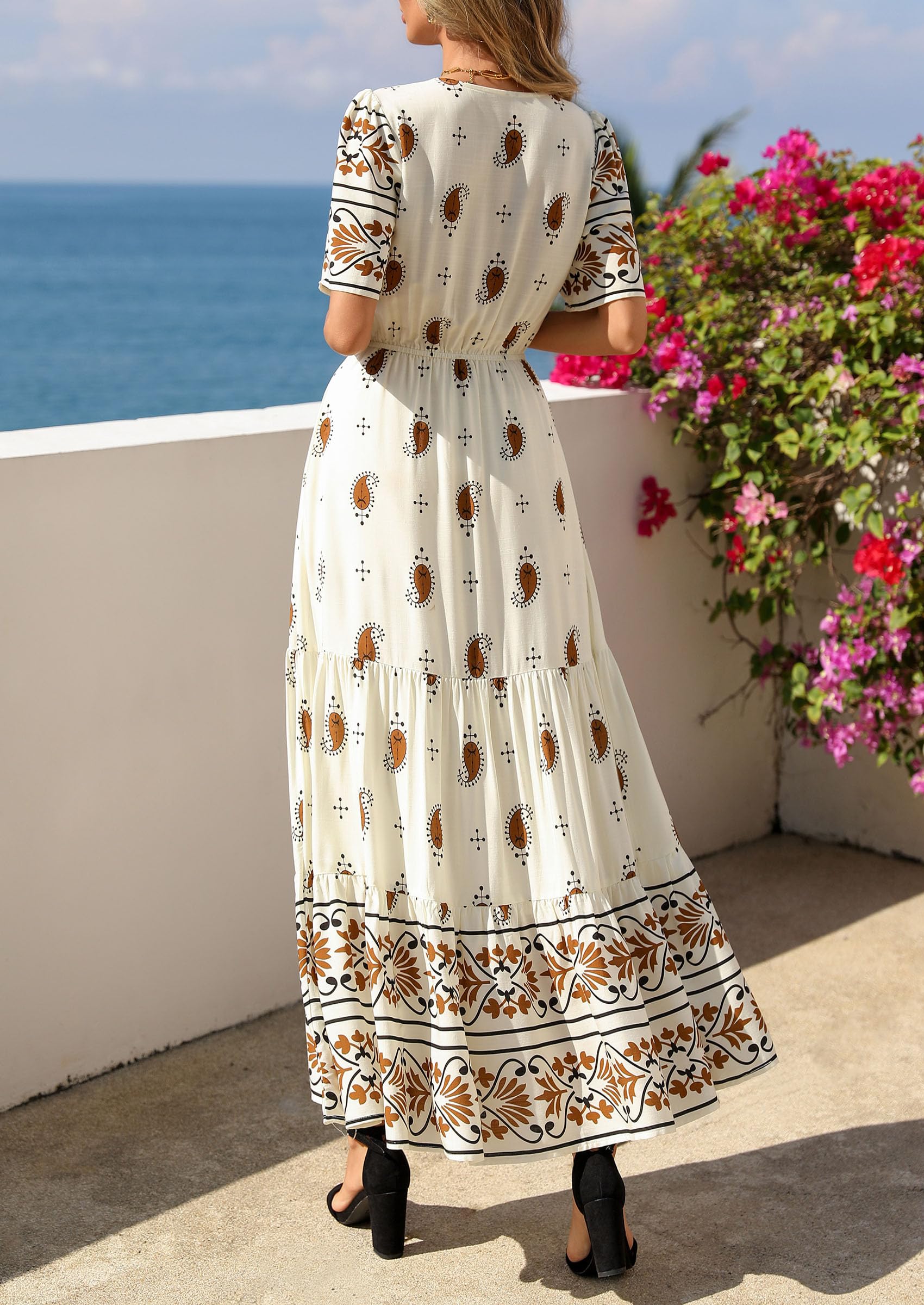 PRETTYGARDEN Womens Summer Boho Maxi Dress Trendy Short Sleeve V Neck Flowy Beach Floral Dresses with Pockets PRETTYGARDEN