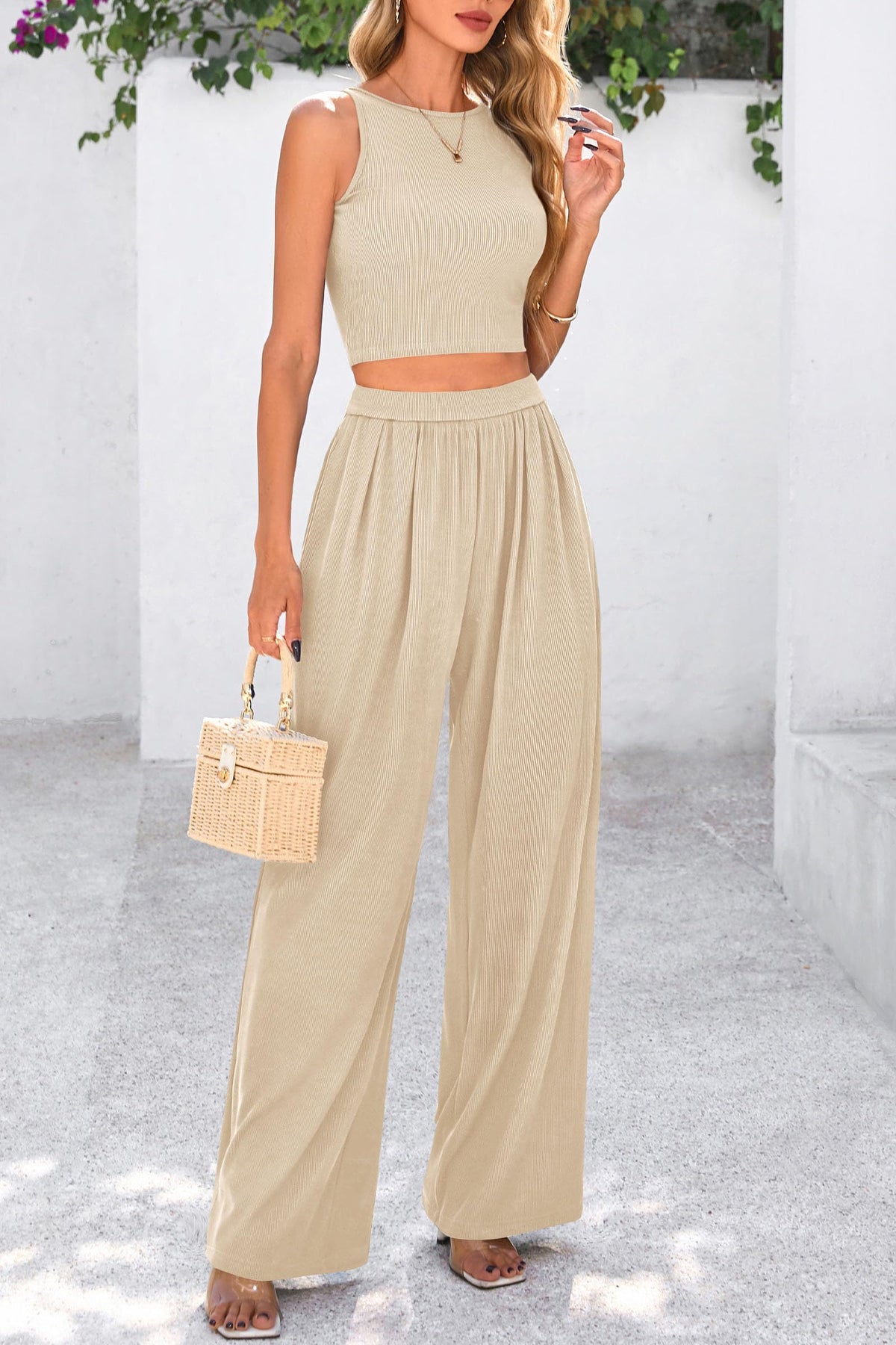 Womens Summer 2 Piece Sets Ribbed Knit Crew Neck Sleeveless Crop Tank Tops Wide Leg Pants Casual Lounge Set