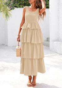 Womens Summer Sleeveless Midi Dress Scoop Neck Tank Top Smocked A Line Tiered Layered Beach Flowy Long Dresses