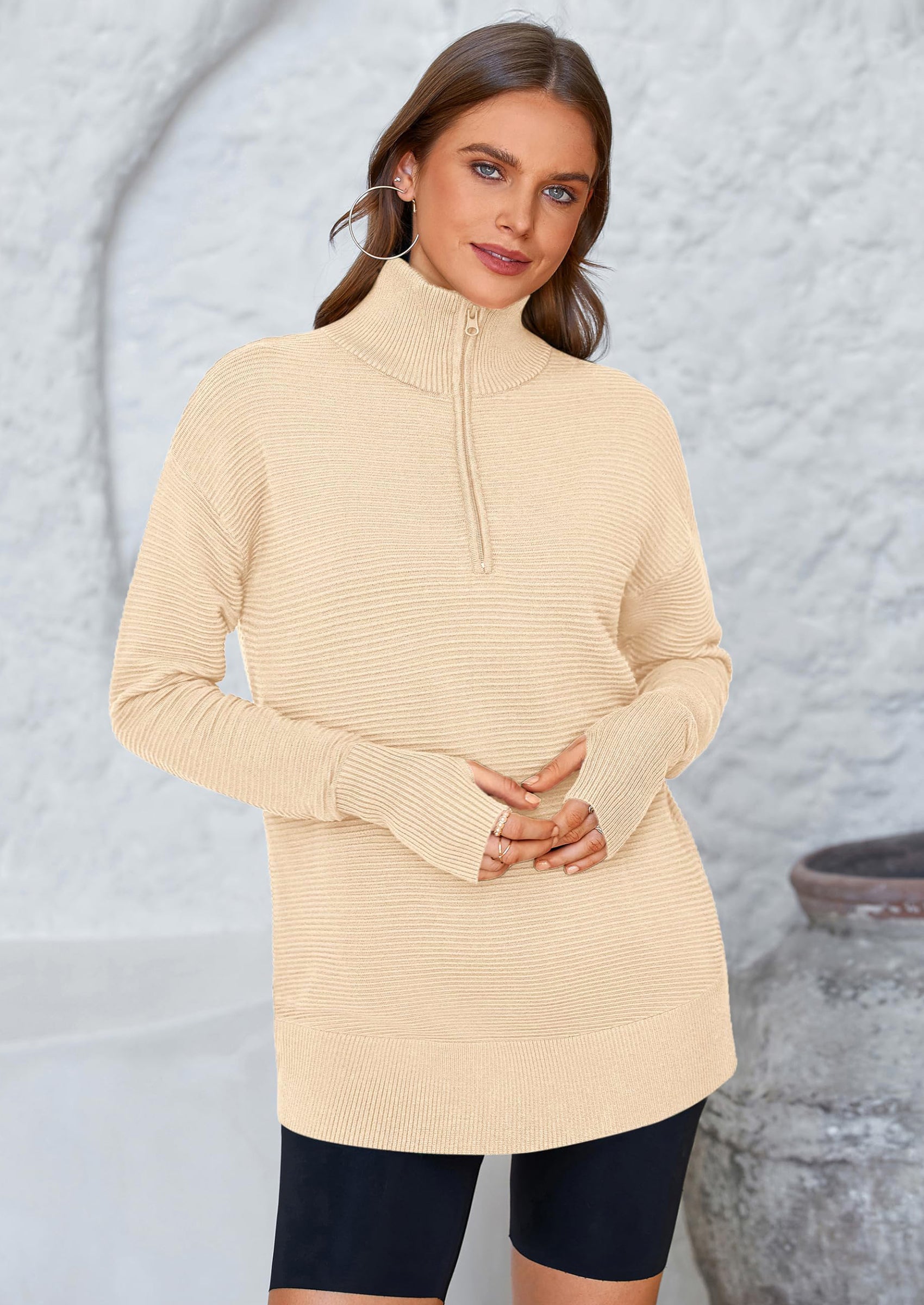 PRETTYGARDEN Womens Long Sleeve Quarter Zip Pullover Sweater Casual Loose V Neck Collared Ribbed Knit Jumper Tops Thumb Hole